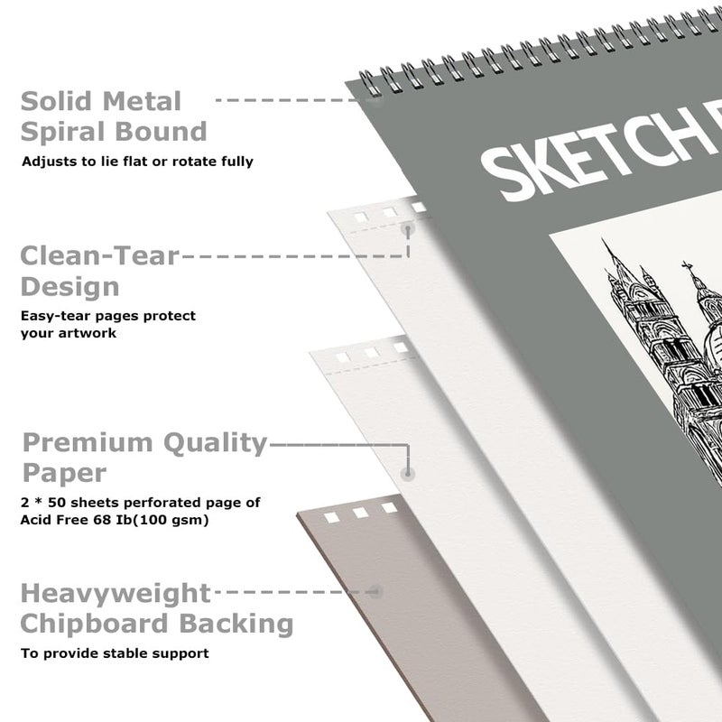 كتاب رسم مقاس 9 × 12 بوصة، عبوتان مكونتان من 50 ورقة كراسة رسم فنية حلزونية، ورق كتاب رسم فنان خالٍ من الأحماض، لوازم فنية للأطفال، أنشطة حرفية، ورق رسم لرسم رسم التلوين (أخضر) - Image 2